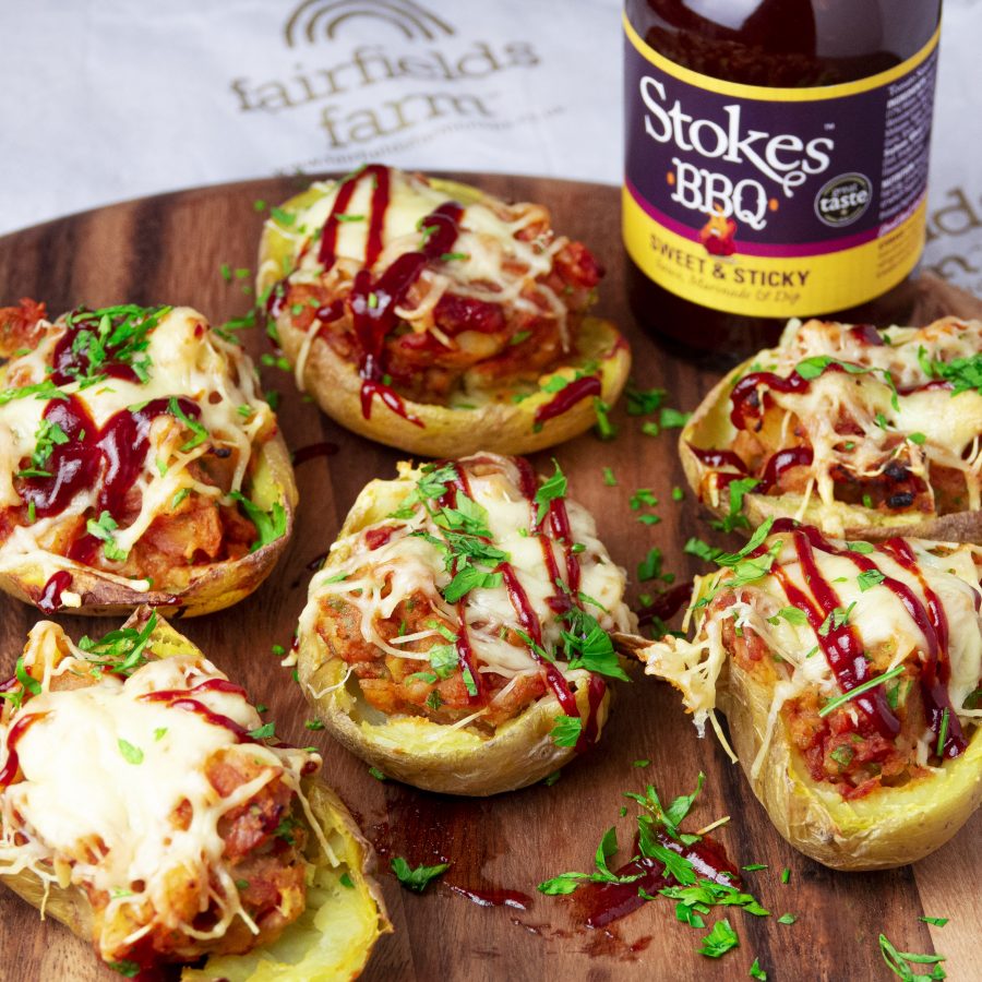 Sticky BBQ Cheese & Crispy Bacon Potato Skins - Stokes Sauces